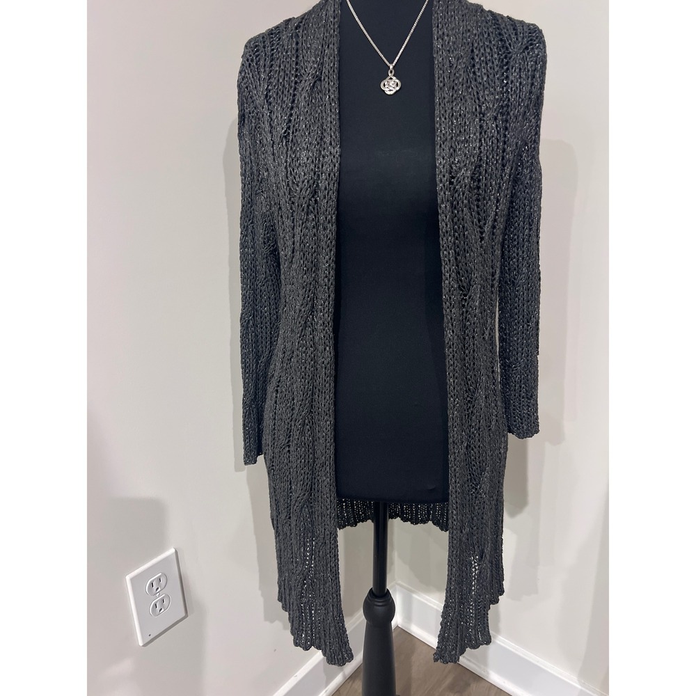 Eileen Fisher Women's XS‎ Charcoal Grey Metallic Open Knit Longline Cardigan